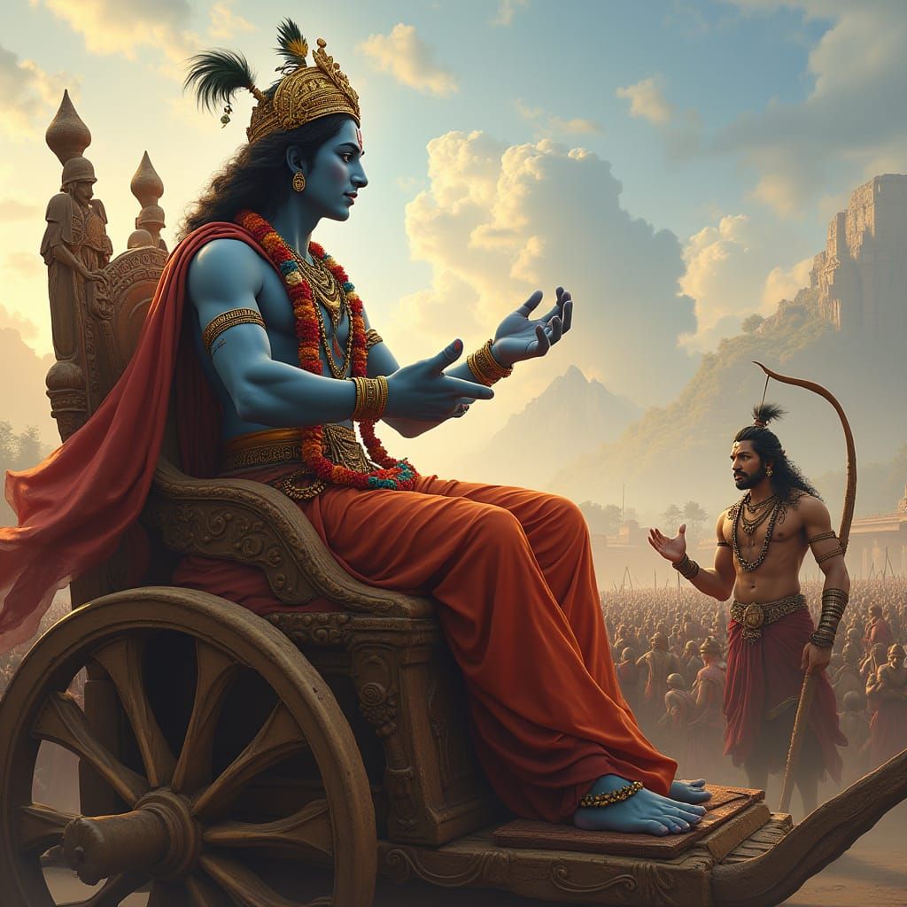 Krishna and Arjuna on Mahabharat Battlefield as Fantasy Art