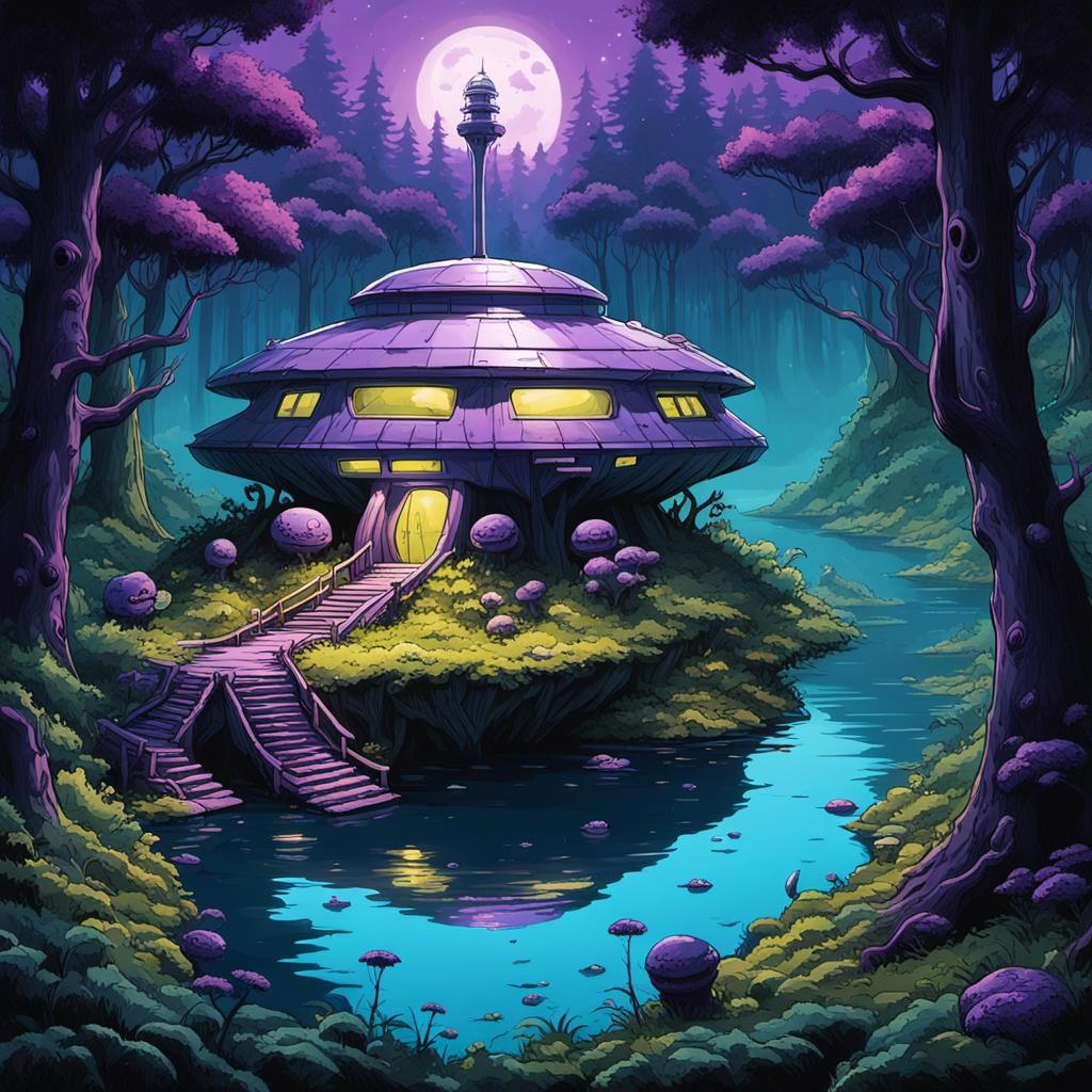 Surreal Forest Bungalow with Spaceship, Digital Art