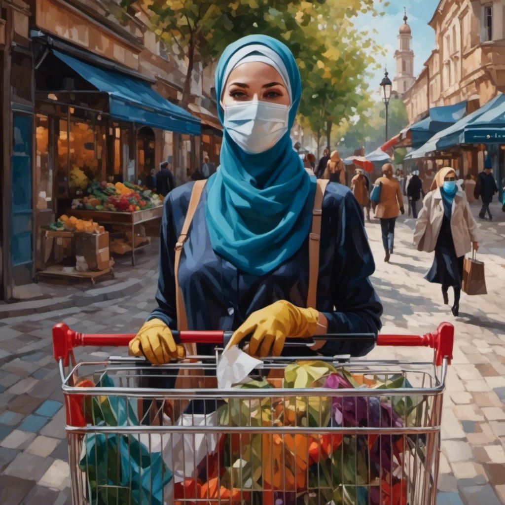 Woman with Shopping Cart in Veiled Beauty Style