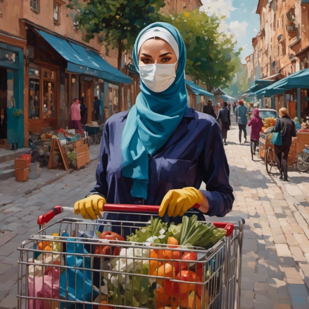 Woman with Shopping Cart Wearing Mask