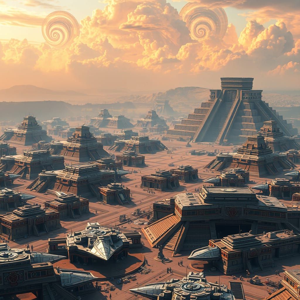 Aztec spaceport spreads across the valley of Tenochtitlan, its bulky, sharp and angular architecture adorned...