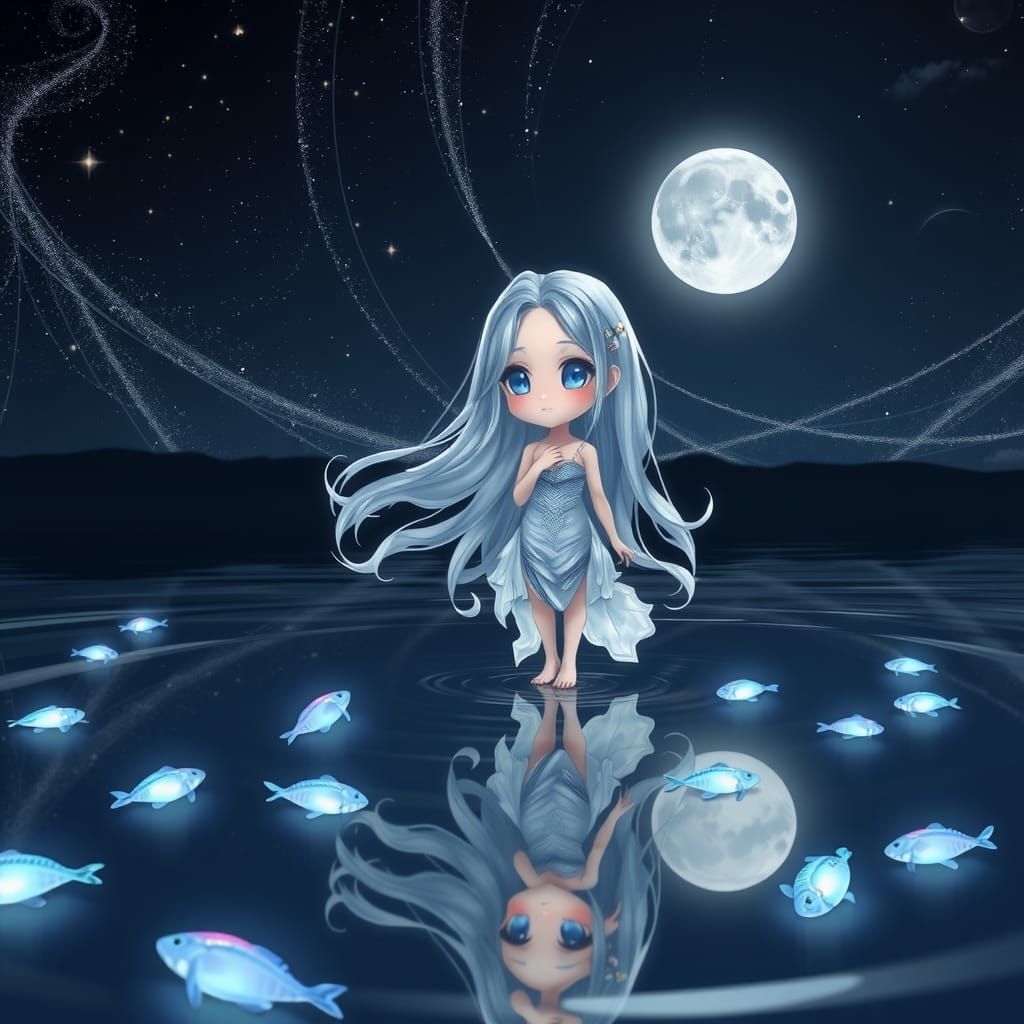 Chibi Spectral Woman Under Sparkling Starlight
