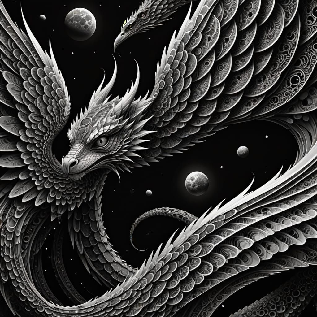Striking Black and White Abstract Art with Mythical Creature...