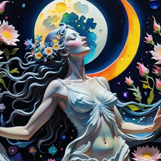 Goddess of Night in Hypermodern Impasto Gouache Style