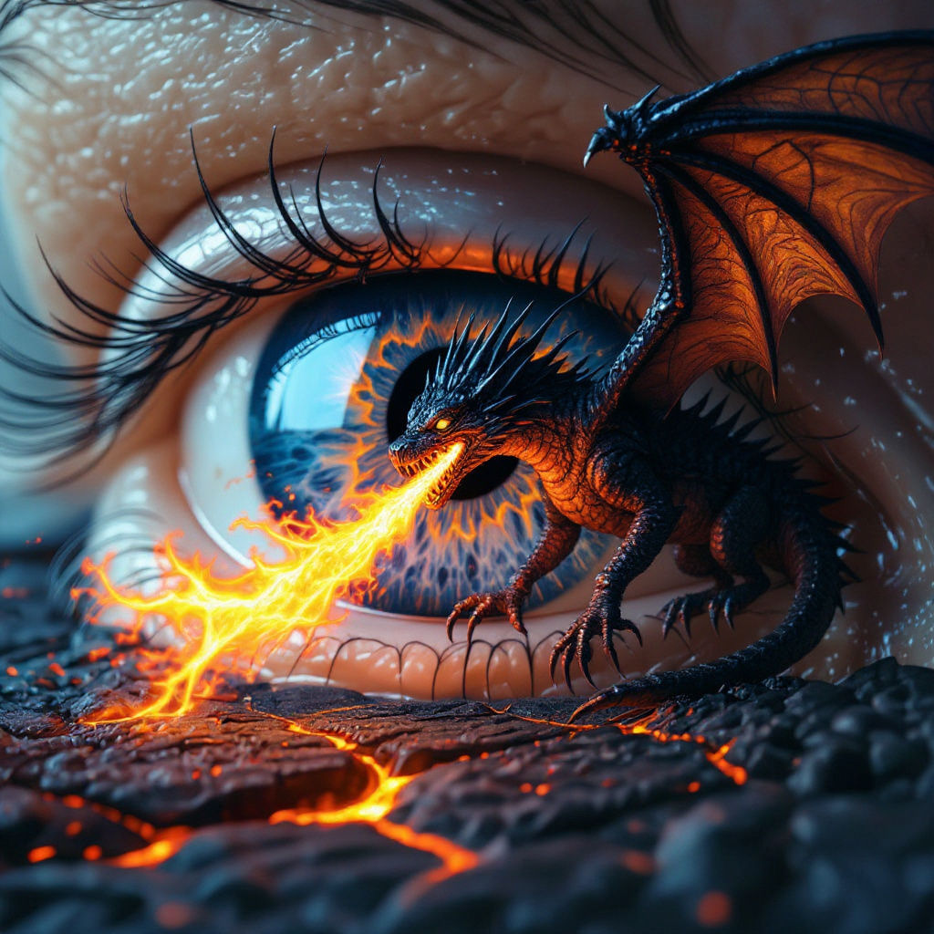 Macro Eye Photograph: Dragon Reflection in Ice-Blue Iris