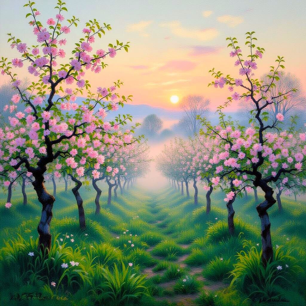 Mist-Shrouded Spring Orchard at Dawn Oil Painting