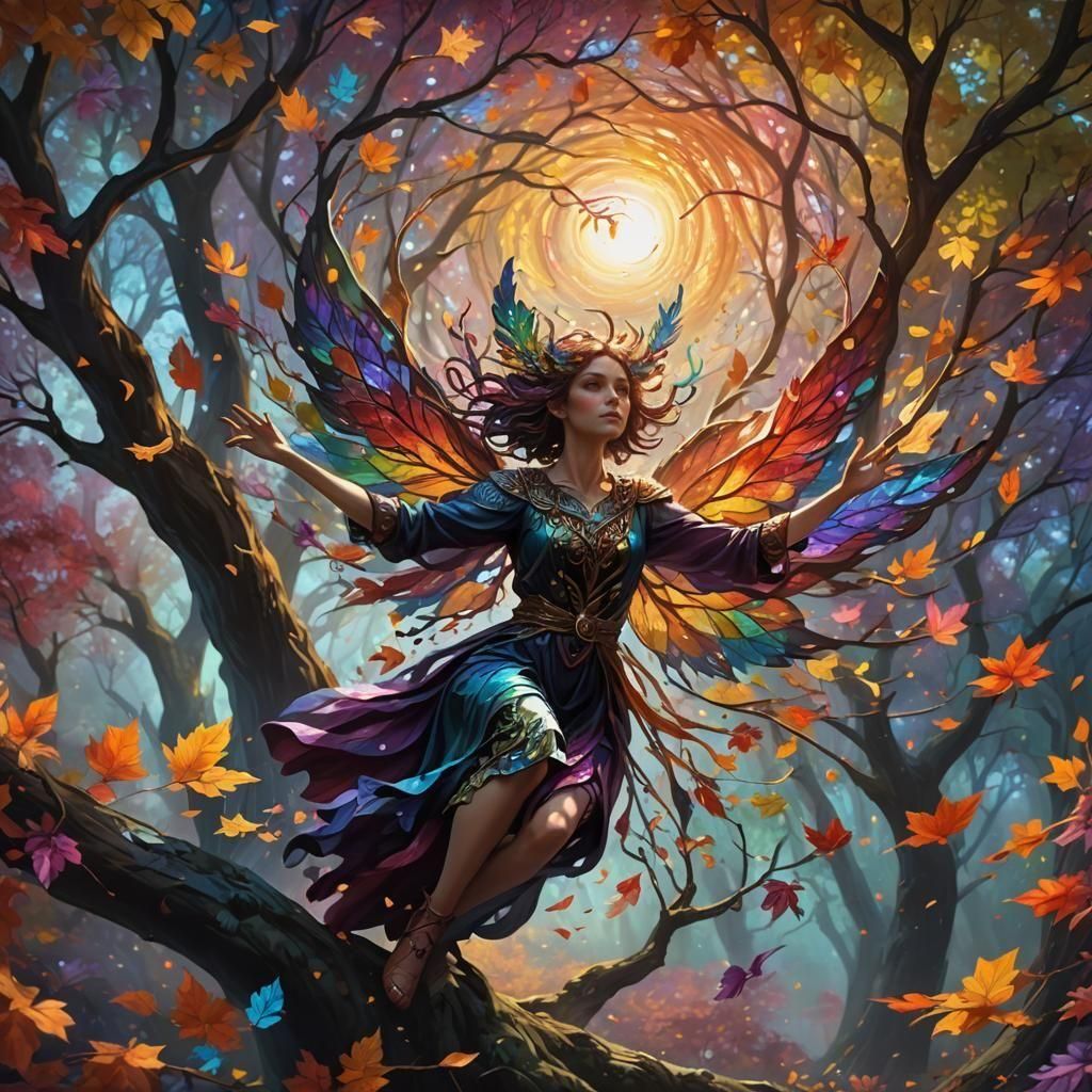 Enchanted Autumn Equinox Scene with Flying Fairies