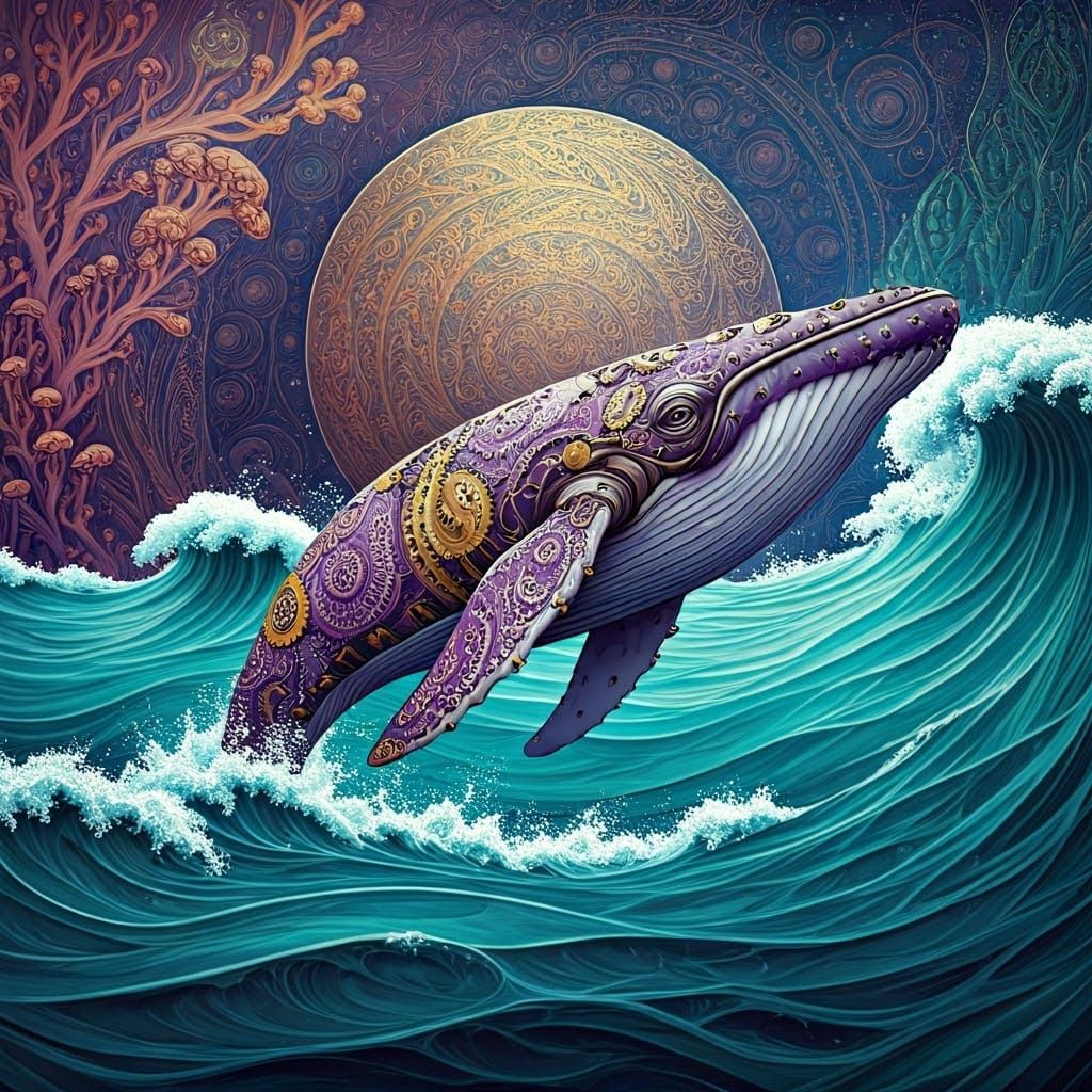 Dreamlike Steampunk Whale Breaches the Cosmic Waves