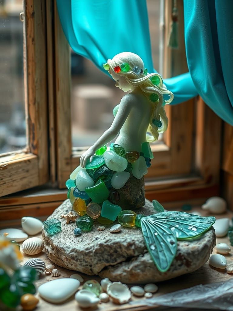 Whimsical Mermaid Sculpture of Sea Glass Art