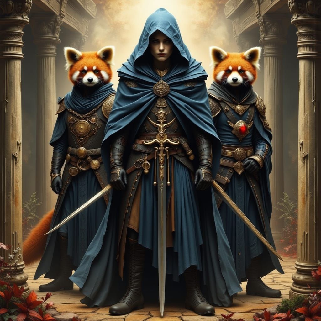 Red Panda Warriors in Mystical Robes as Oil Painting