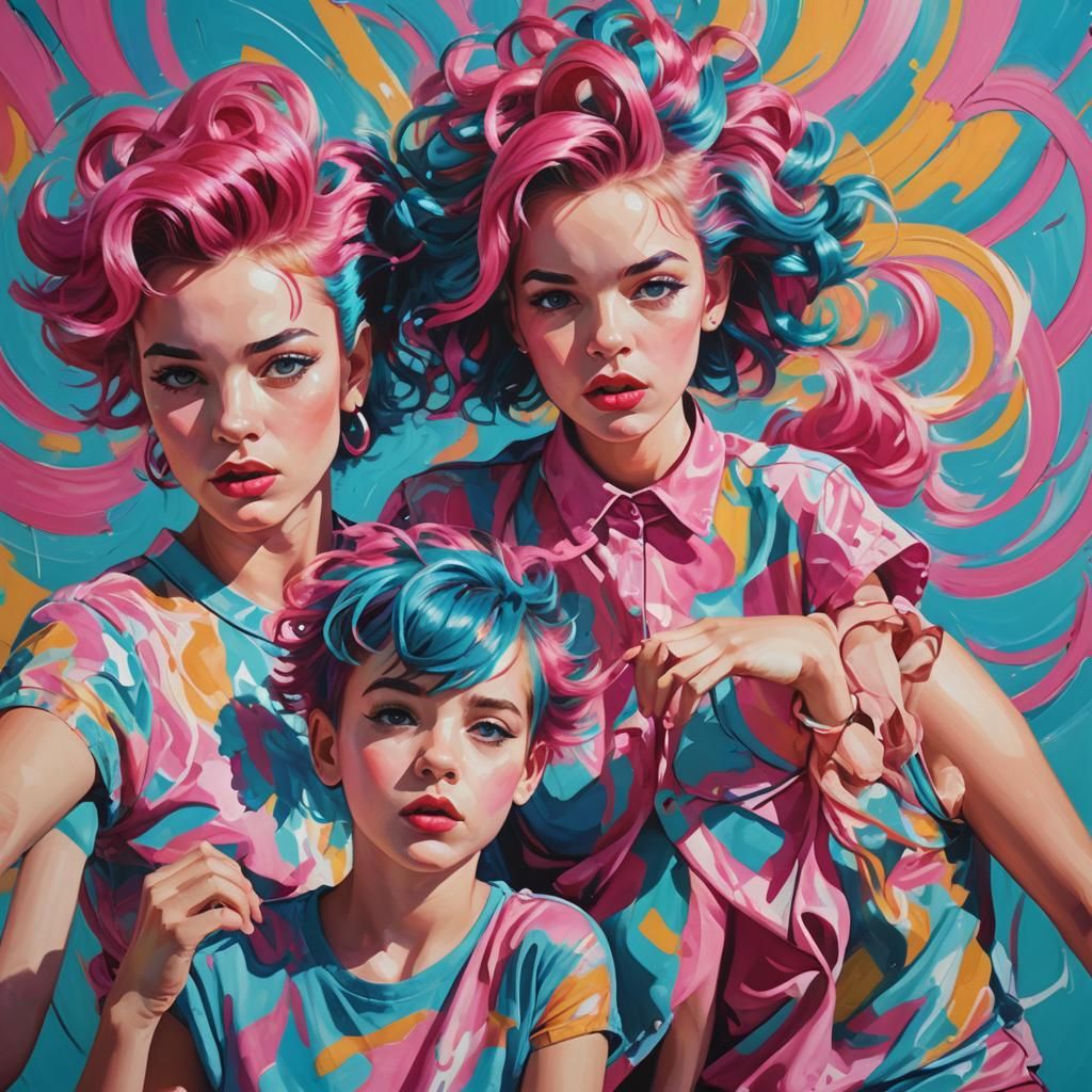 French Pop Art Portrait of Girls with Colorful Accents