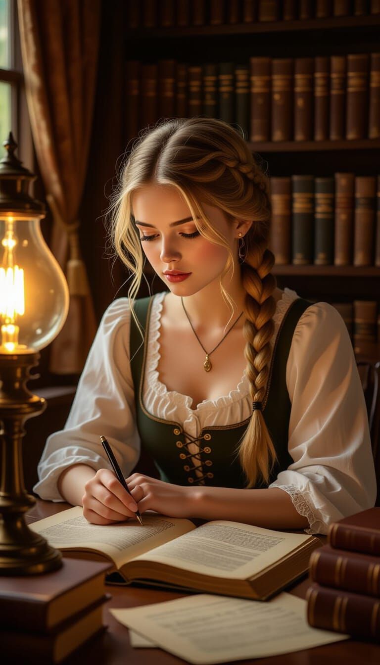 Woman Studying by Gas Lamp in Cozy Vintage Setting