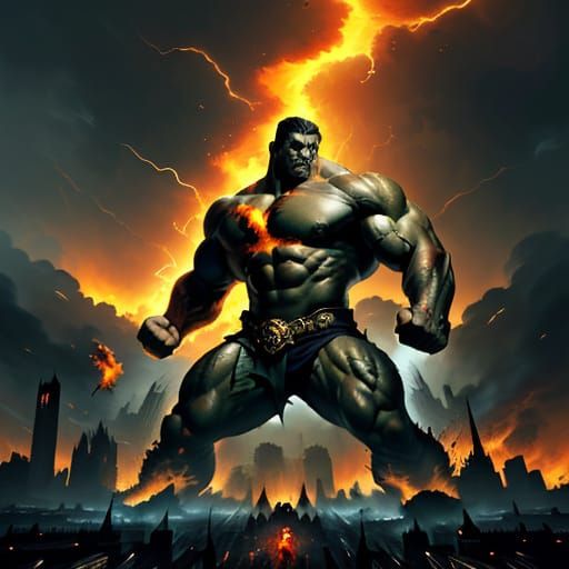 Epic Fantasy Battle Art: Titans Clash in a Ravaged Cityscape