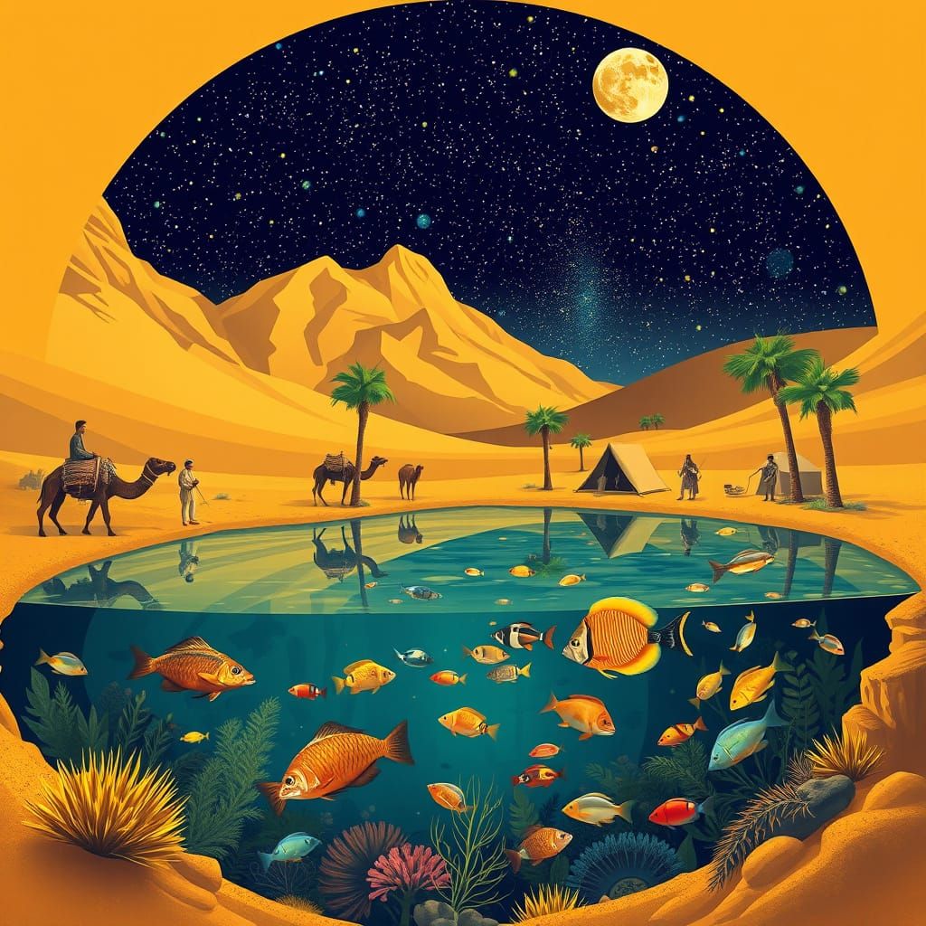 Whimsical Desert Oasis Aquarium in Golden Age Style