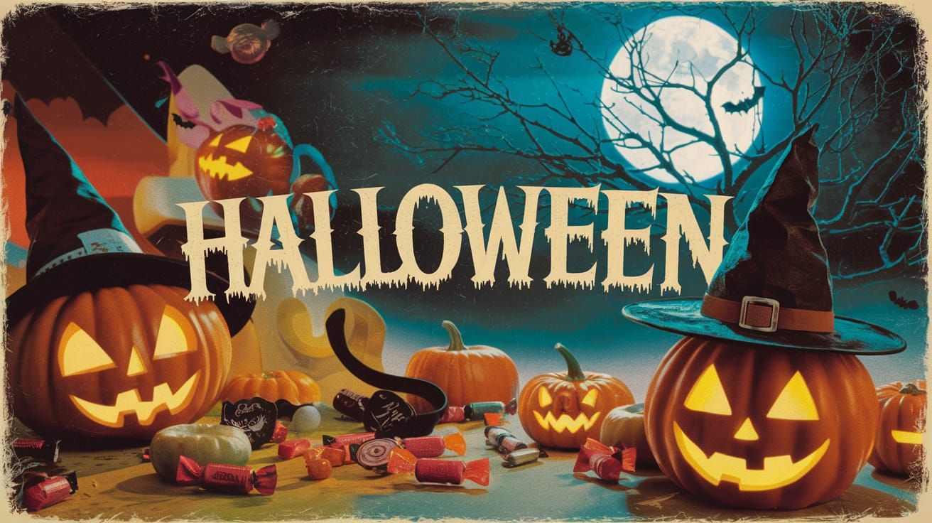Retro Halloween Advertisement with Pumpkins and Witches