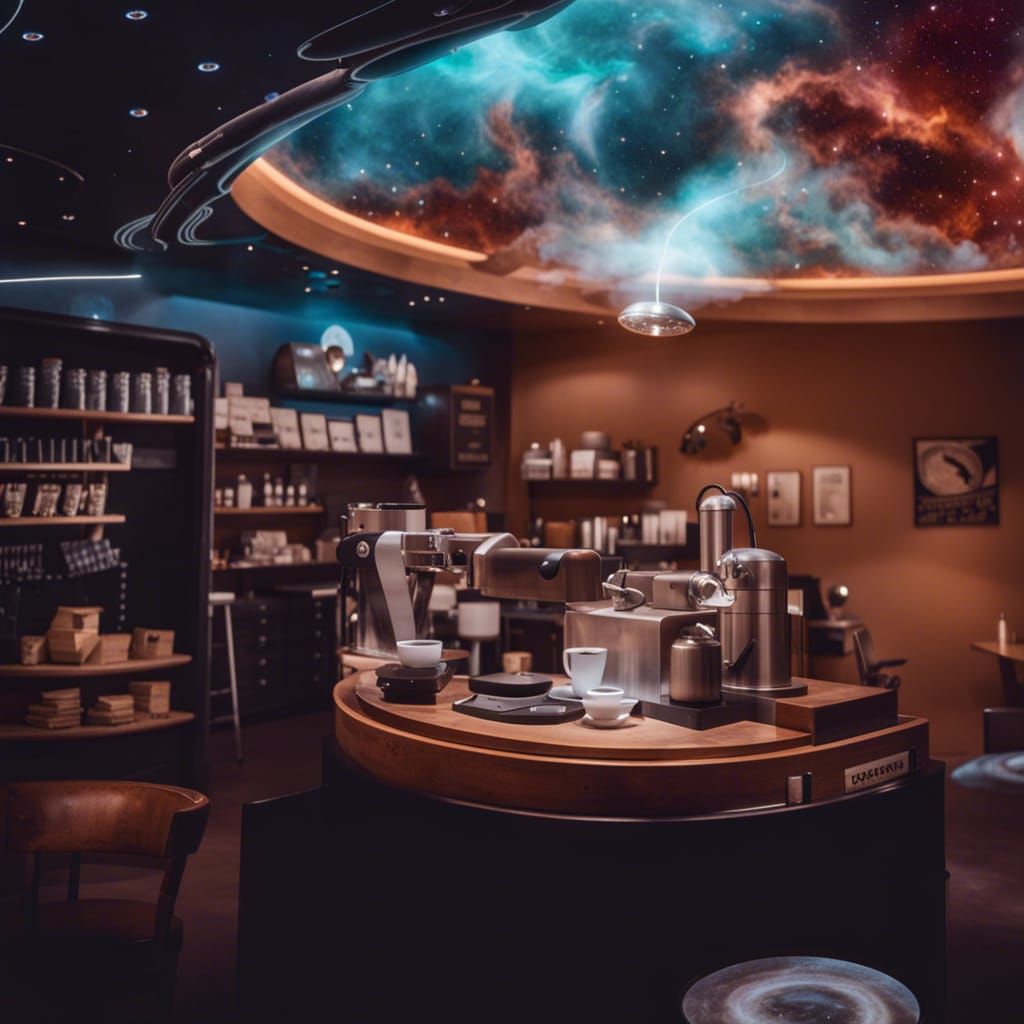 Futuristic Coffee Shop in Space with Nebula