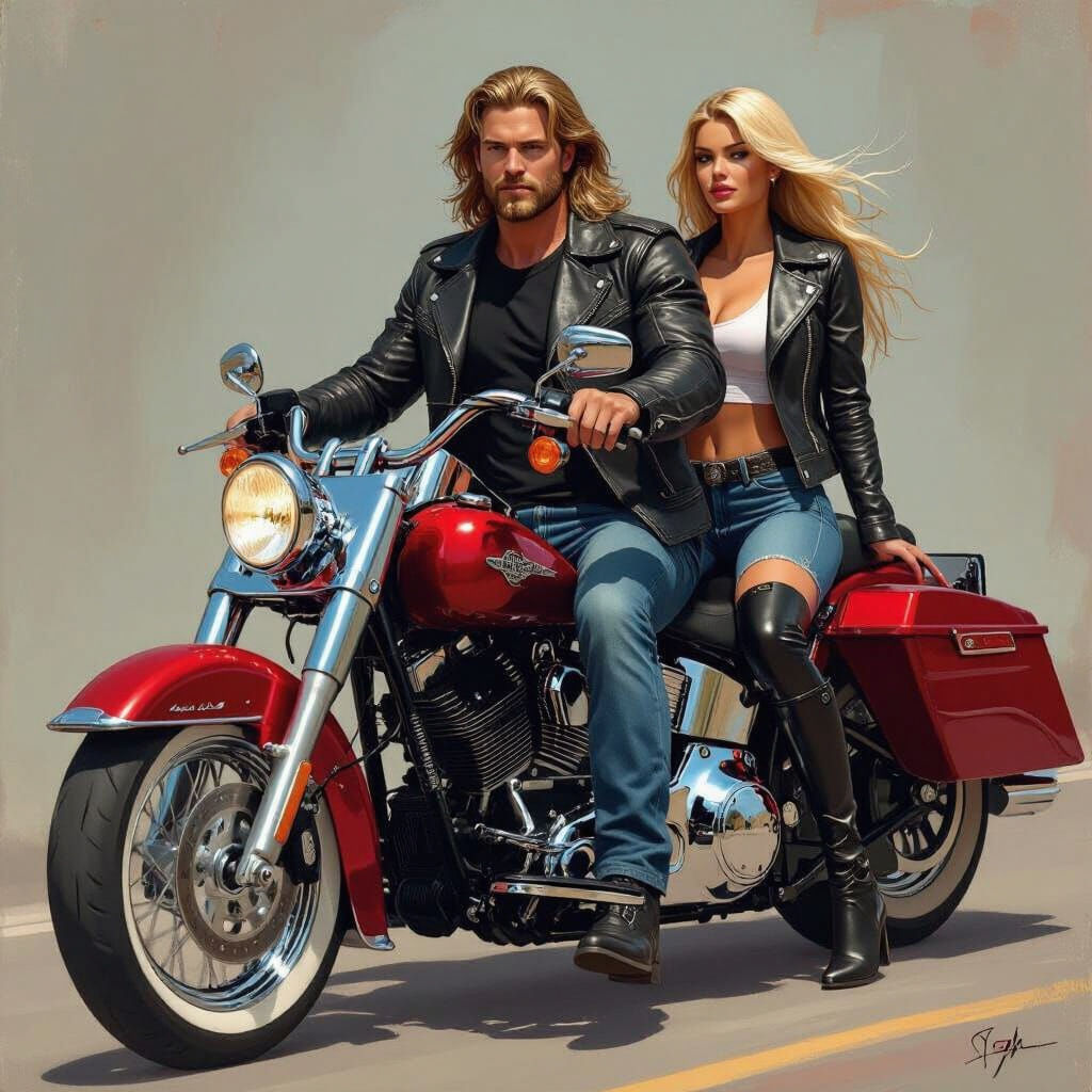 Biker Couple on a Crimson Harley Davidson