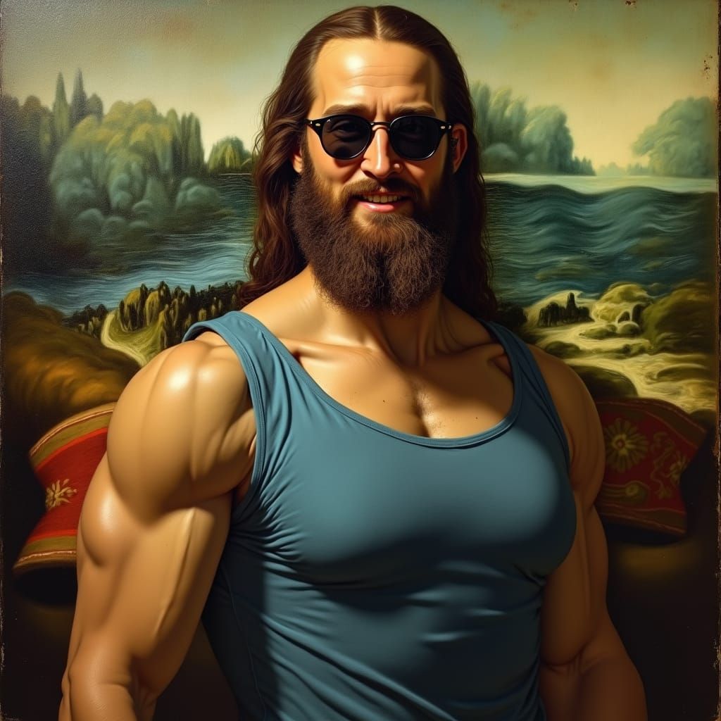 Muscular Mona Lisa Flexing: Hyperrealistic Renaissance Portr...
