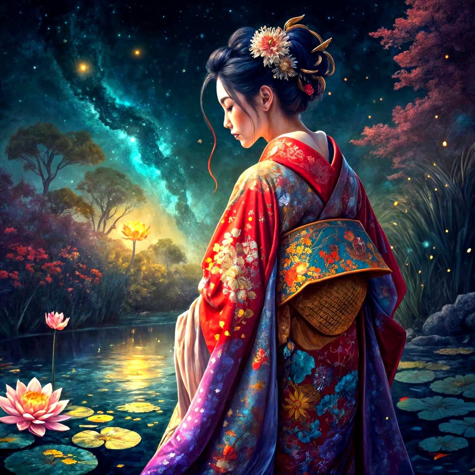 Geisha in Kimono with Outer Space Background
