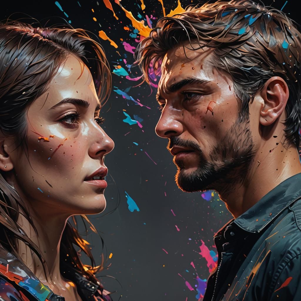 Hyperrealistic Man Above Woman in Dramatic Lighting