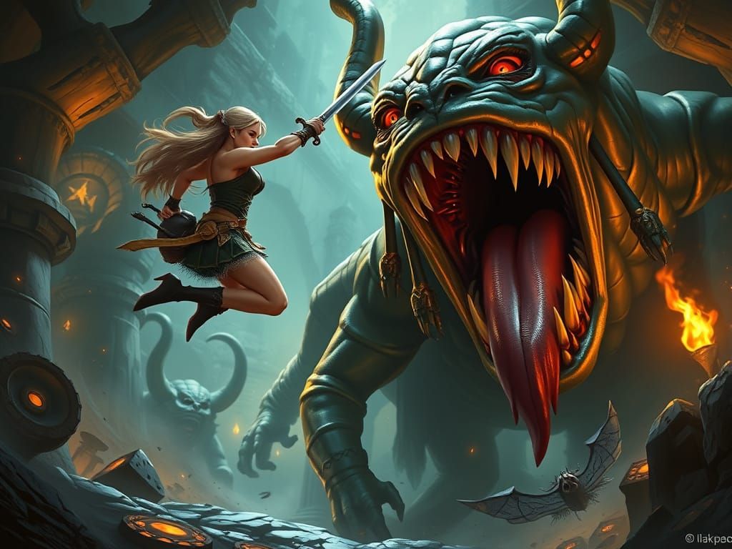 Epic Elf Adventurer Jumps from Mimic Chest in Dark Fantasy D...