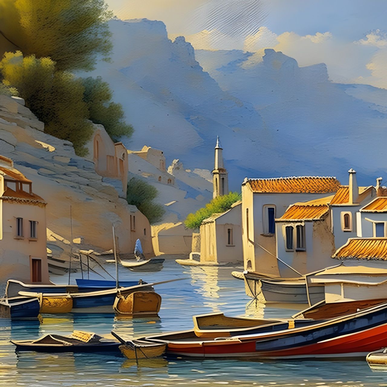 Picturesque Greek Fishing Village in Watercolor