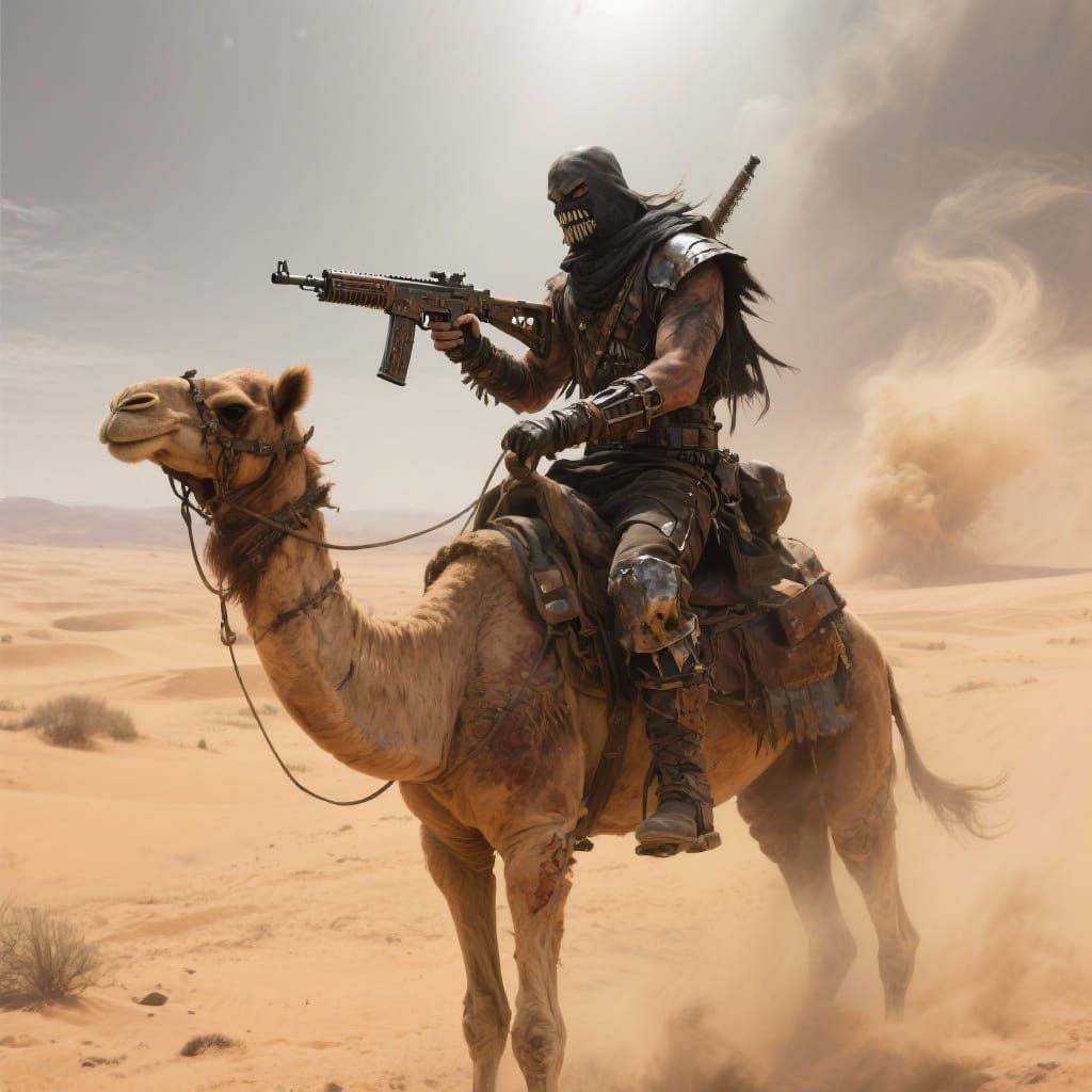 Mad Max Raider on Camel in Desert with Rifle