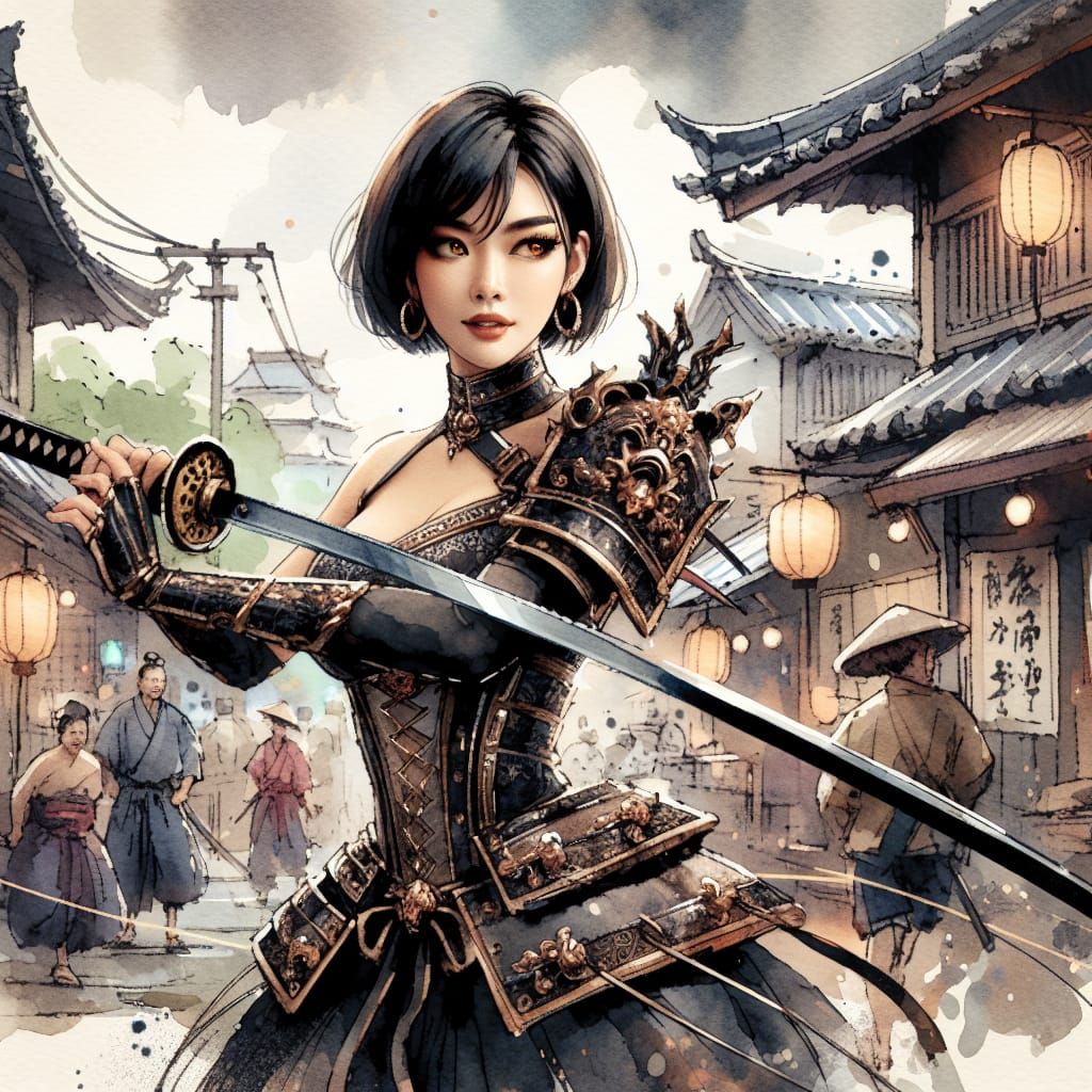 Thai Woman in Samurai Armor, Watercolor Style