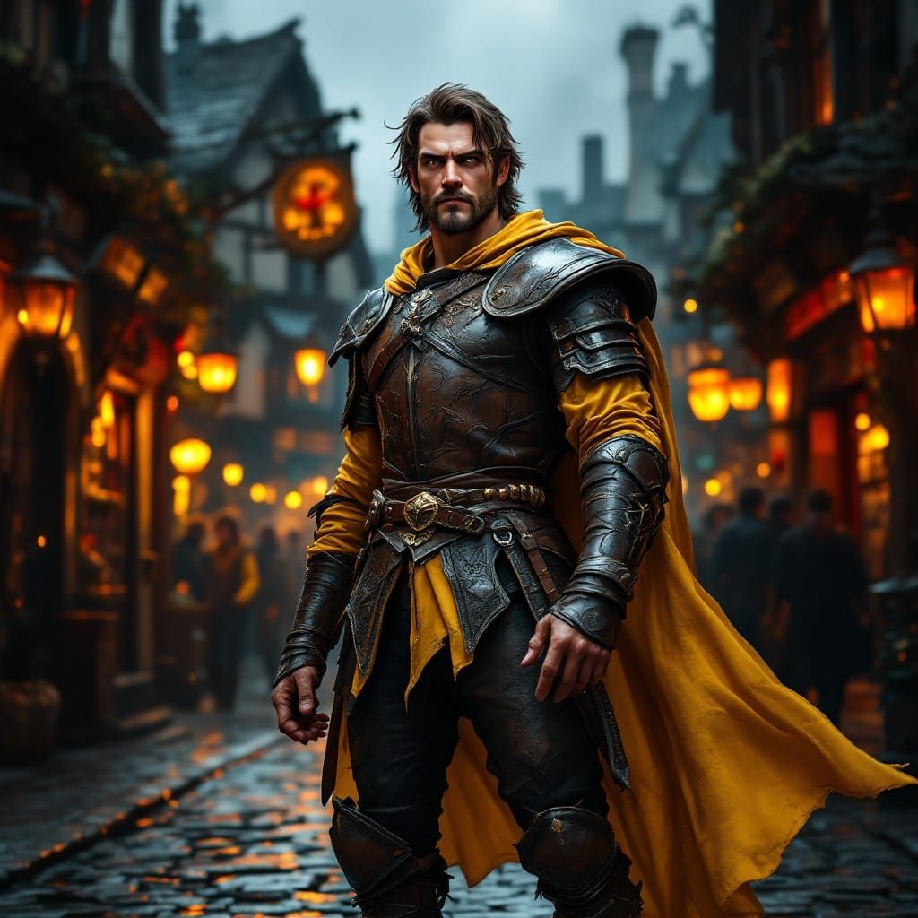 Charming Rogue in Gritty Fantasy Town