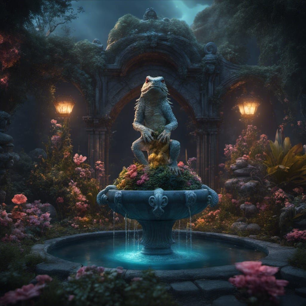 Fantastical Midnight Garden with Lizards and Ghosts