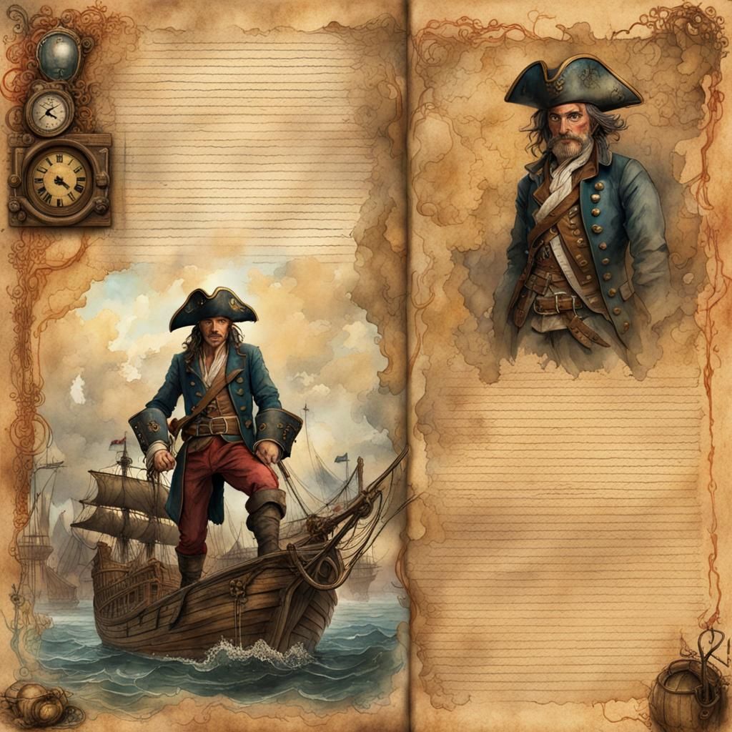 Vintage Watercolor of an Old Pirate and Map