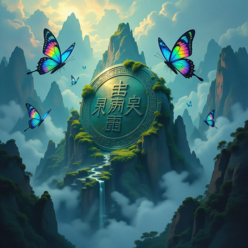 Ancient Chinese Coin on Floating Mountain, Dark Fantasy Matt...