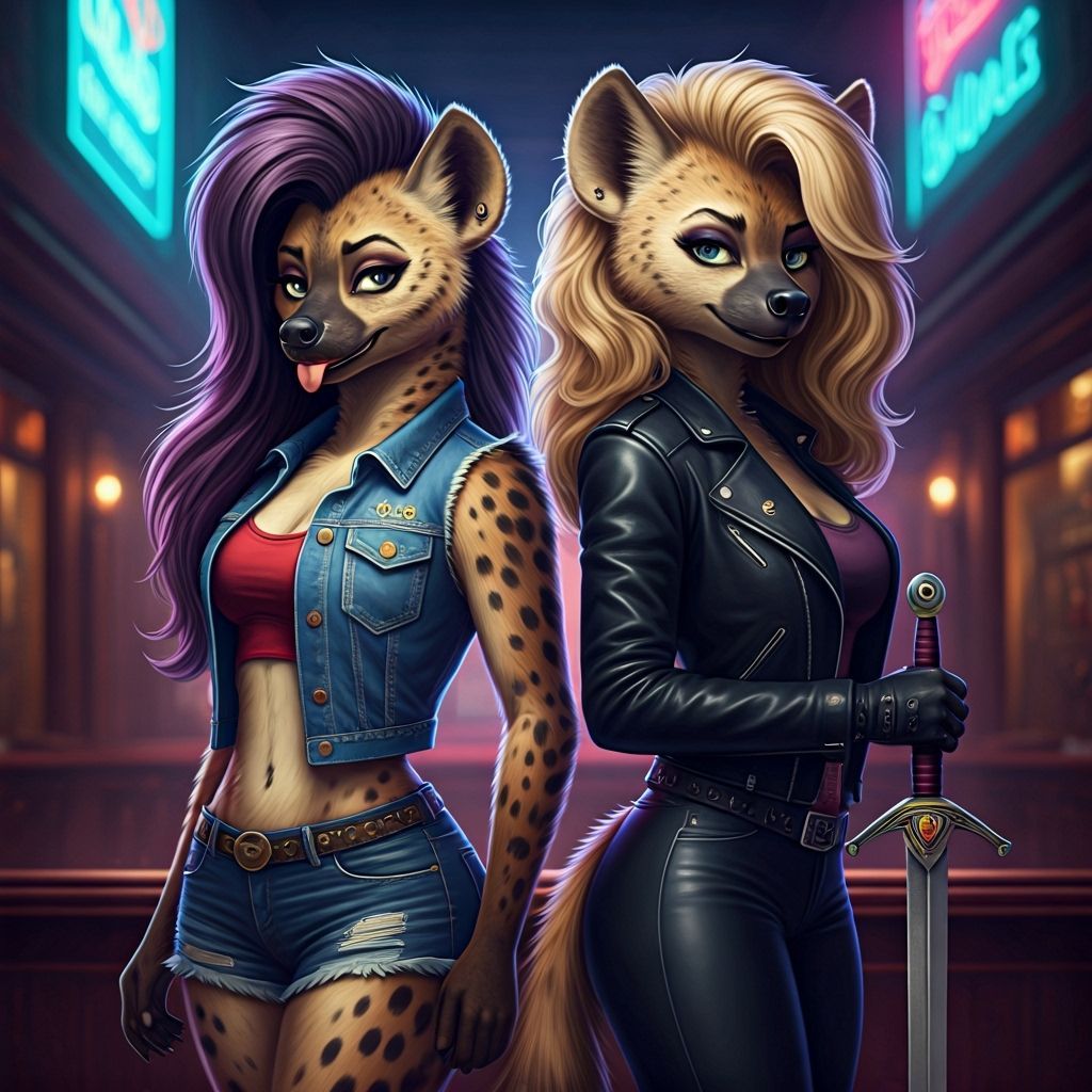 Hyena Sisters in Dive Bar, Photorealistic Close-Up