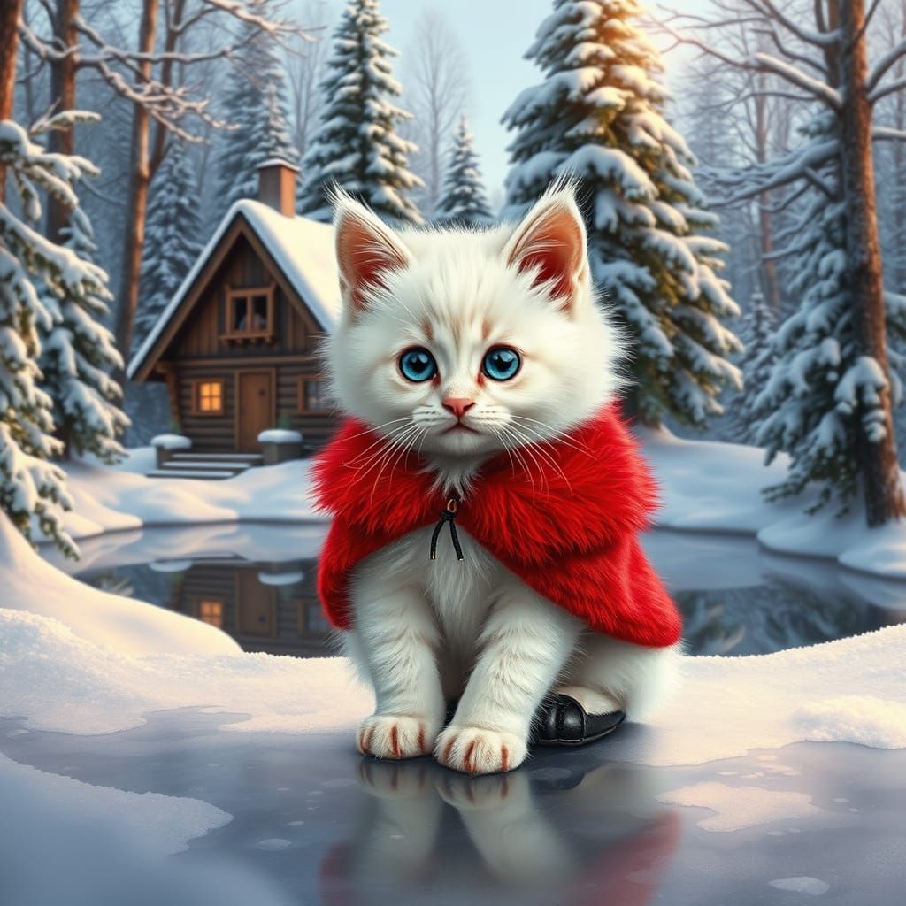 Cute Kitten in Snowy Forest Cottage Wearing Red Coat