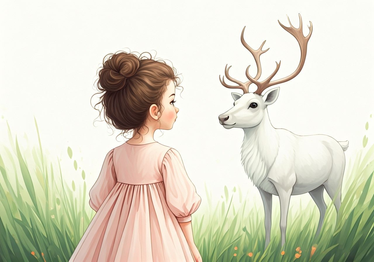 Girl and Reindeer in Dreamy Watercolor Meadow