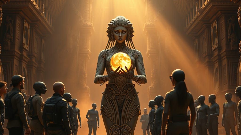 Surreal Transhumanist Goddess Radiates Golden Light Amidst S...