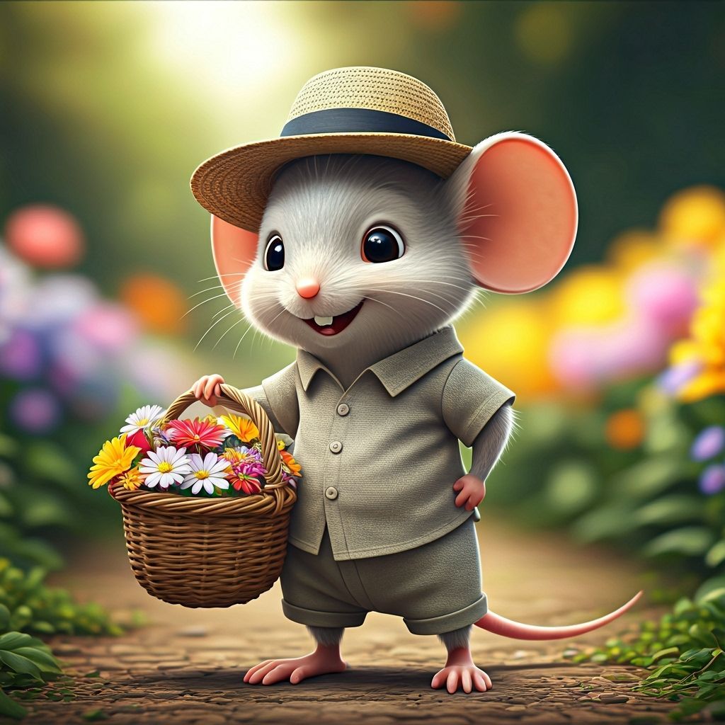 Cartoon Mouse with Flowers in Pixar Style