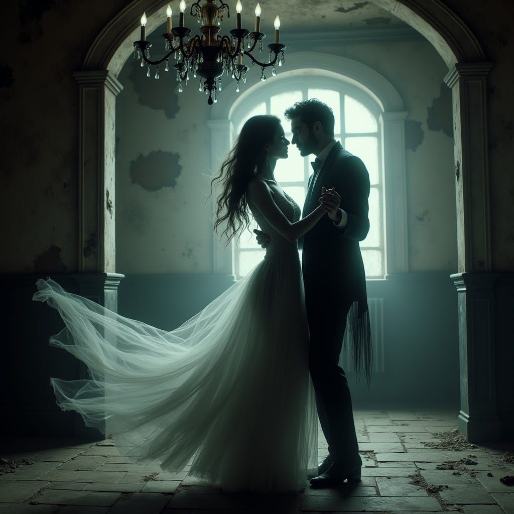 Ghostly Couple's Dance in Abandoned Ballroom