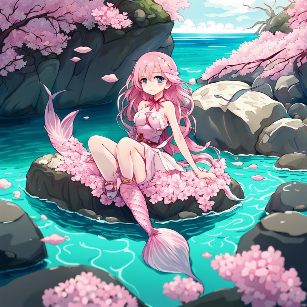 Cute Pink Cherry Blossom Mermaid in Anime Style