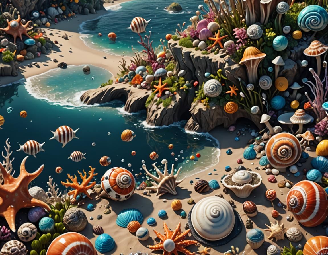 Surreal Shoreline Landscape with Exotic Sea Creatures