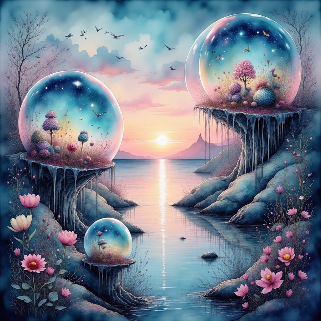 Surreal Dreamscape: Ecosystem Bubbles Over Tranquil Ocean