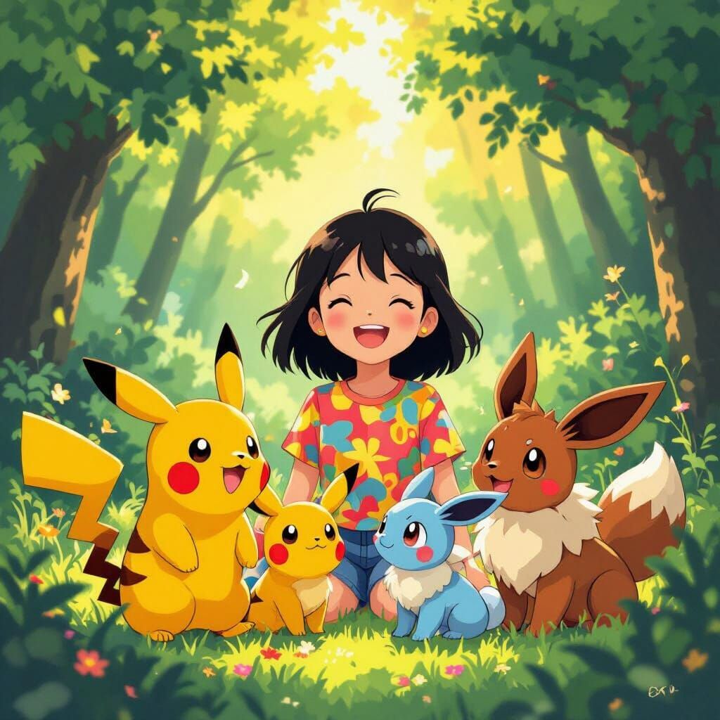 Joyful Girl With Pokémon in Golden Hour Forest