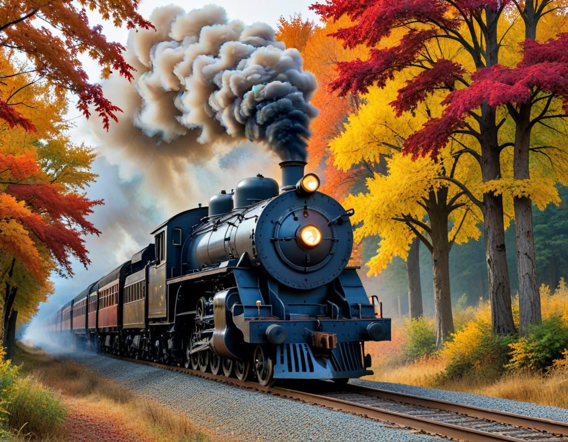 Autumn Landscape with Train Crossing a Bridge