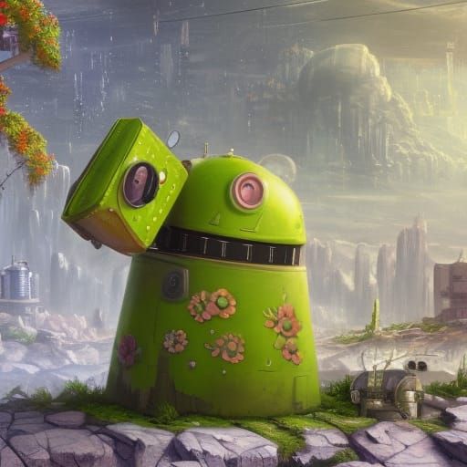 Cute Robot Gardener in Apocalyptic Landscape