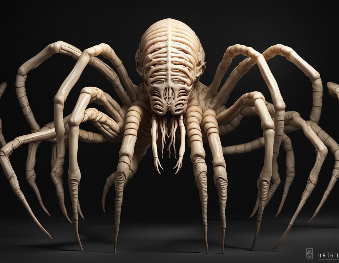 A ultra-realistic 8-legged "facehugger" from Alien Movies, H. r. Giger Style, dynamic lighting, DARK Studio lighting, 8k...