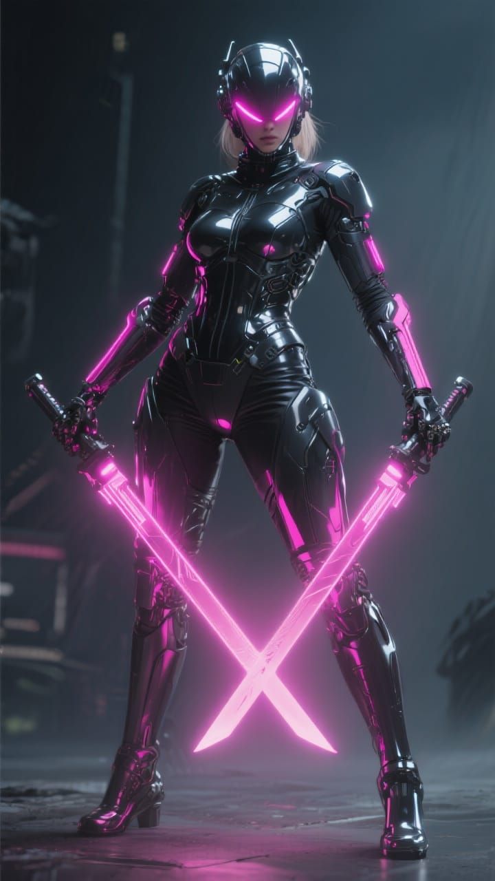 Woman in Cyber Mech Suit with Energy Swords