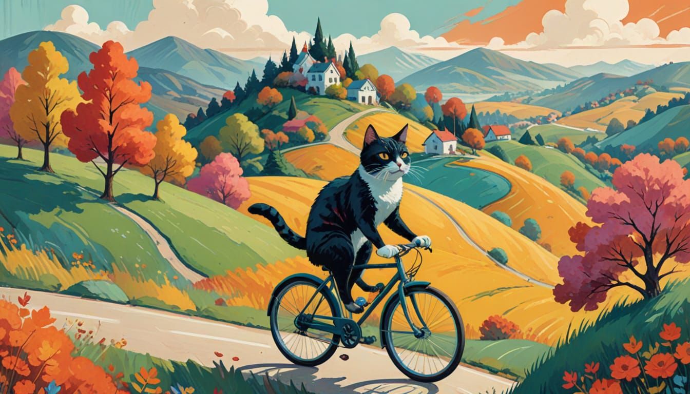 Cat on Bicycle in Dreamlike Landscape Illustration