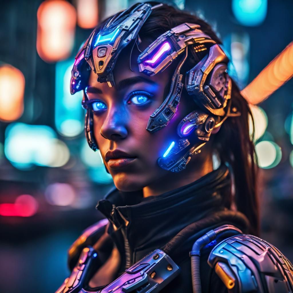 Cyborg Girl in Neon Cityscape with Futuristic Armor