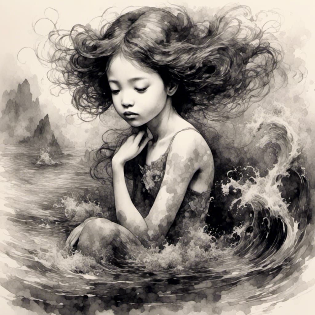 Little Mermaid in Monochrome Ink Style