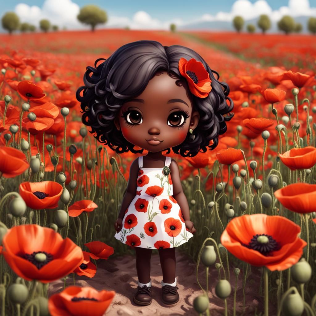 Chibi Girl in Poppy Field Illustration